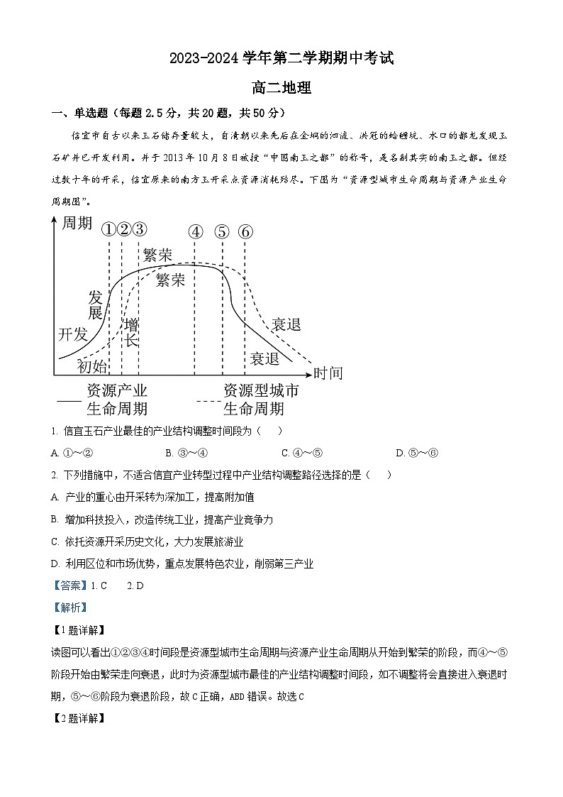 福建省福州市仓山区福州金山中学2023-2024学年高二下学期4月期中地理试题（解析版）第1页