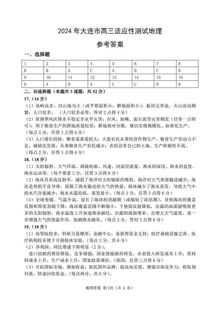 2024届辽宁省大连市高三下学期二模地理试题01
