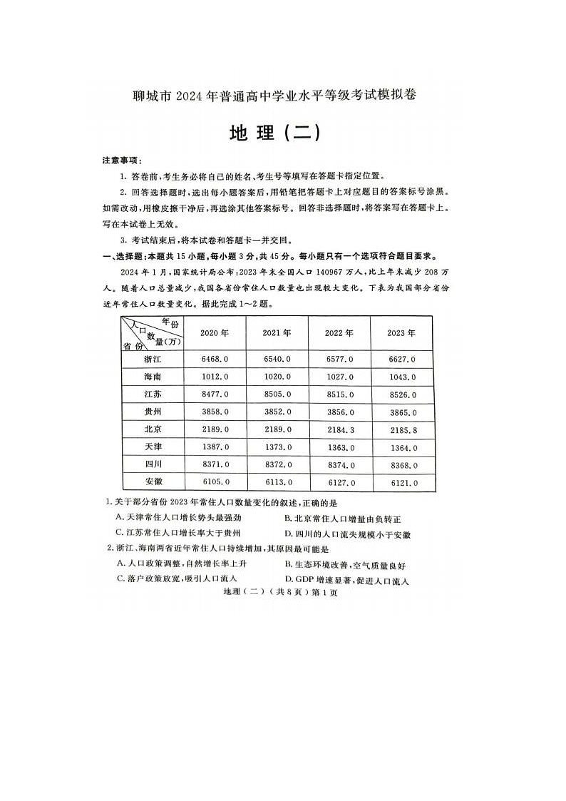 2024届山东聊城高三二模地理试题第1页