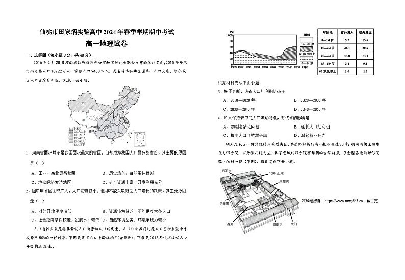 湖北省省直辖县级行政单位仙桃市田家炳实验高级中学2023-2024学年高一下学期4月期中地理试题第1页