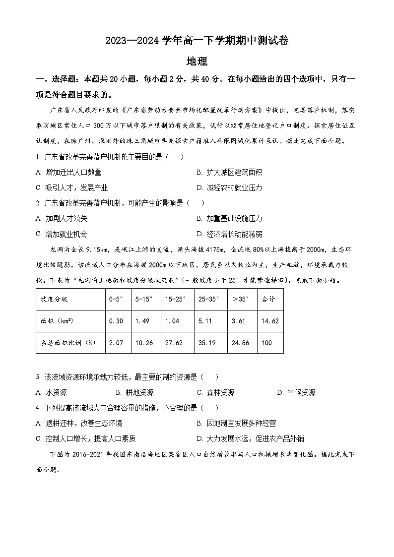 河南省南阳市南阳五校2023-2024学年高一下学期期中地理试题（原卷版+解析版）01