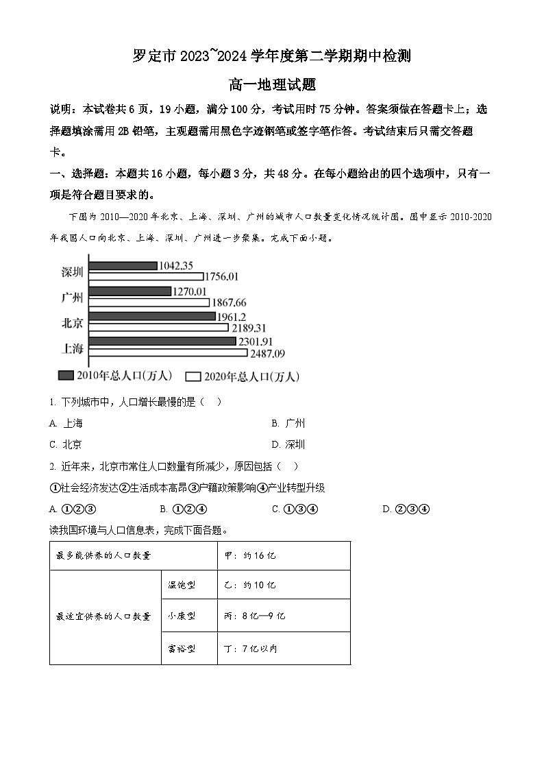 广东省云浮市罗定市2023-2024学年高一下学期期中地理试题（原卷版）第1页