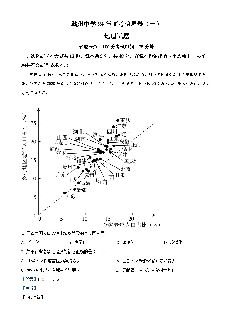 2024届河北省冀州区冀州中学高三下学期模拟考试地理信息卷（解析版）第1页