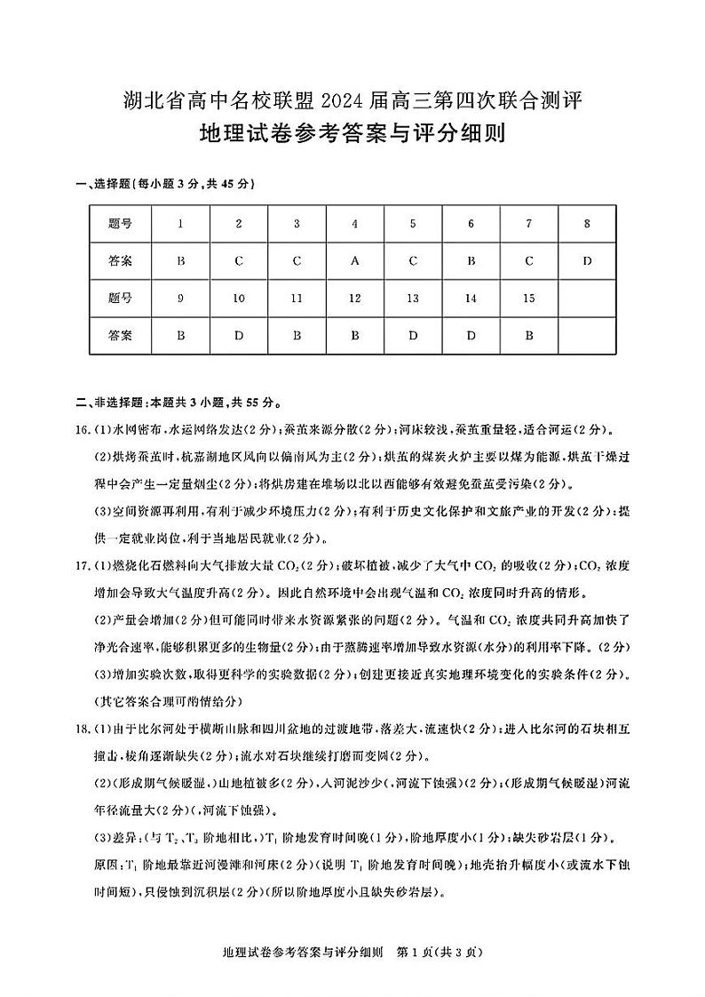 湖北省高中名校联盟2024届高三下学期第四次联合测评地理试卷01