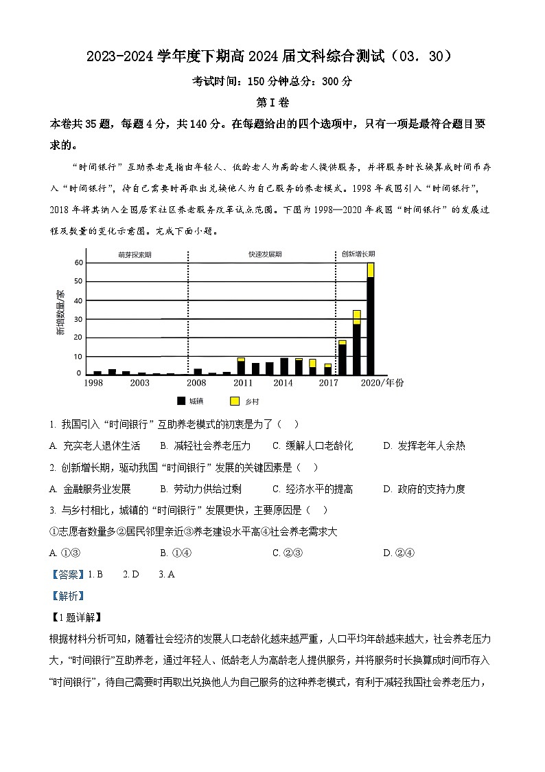 四川省成都市第七中学（林荫校区）2023-2024学年高三下学期3月模拟考试地理试题（Word版附解析）01