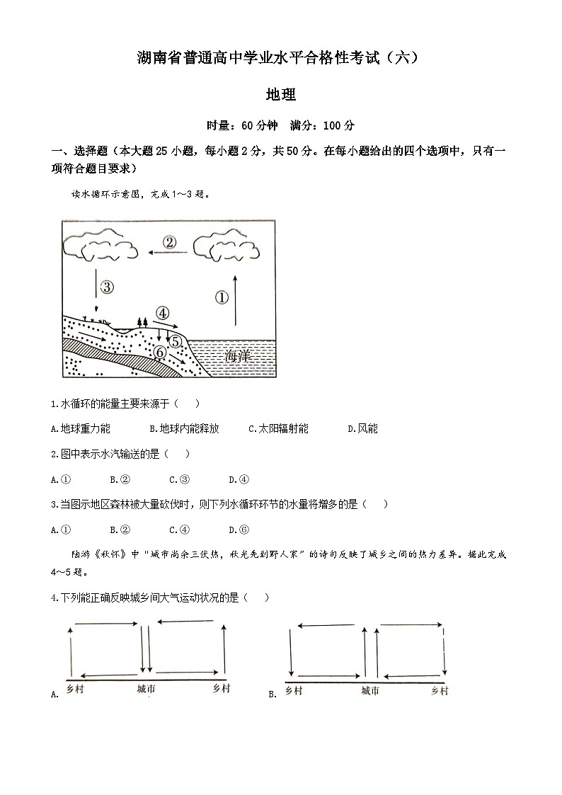 湖南省2024年普通高中学业水平合格性模拟考试地理仿真卷（六）试卷（Word版附答案）第1页