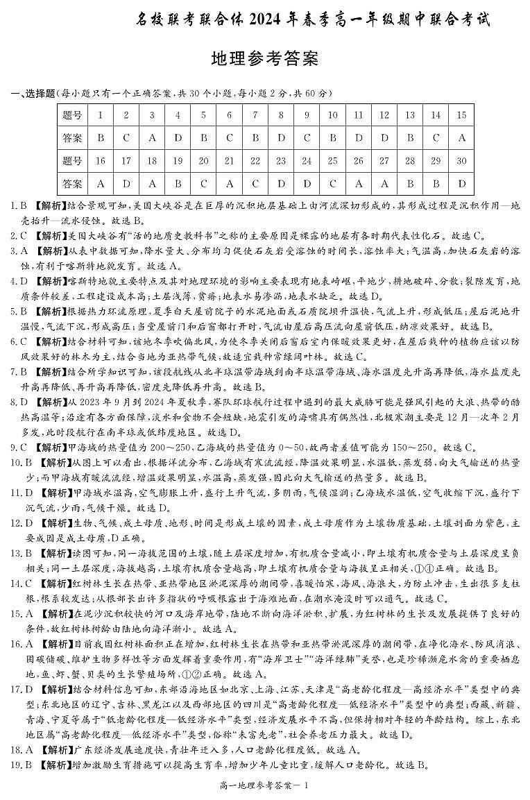 湖南省名校联考联合体2023-2024学年高二下学期期中联考地理试卷（Word版附解析）01