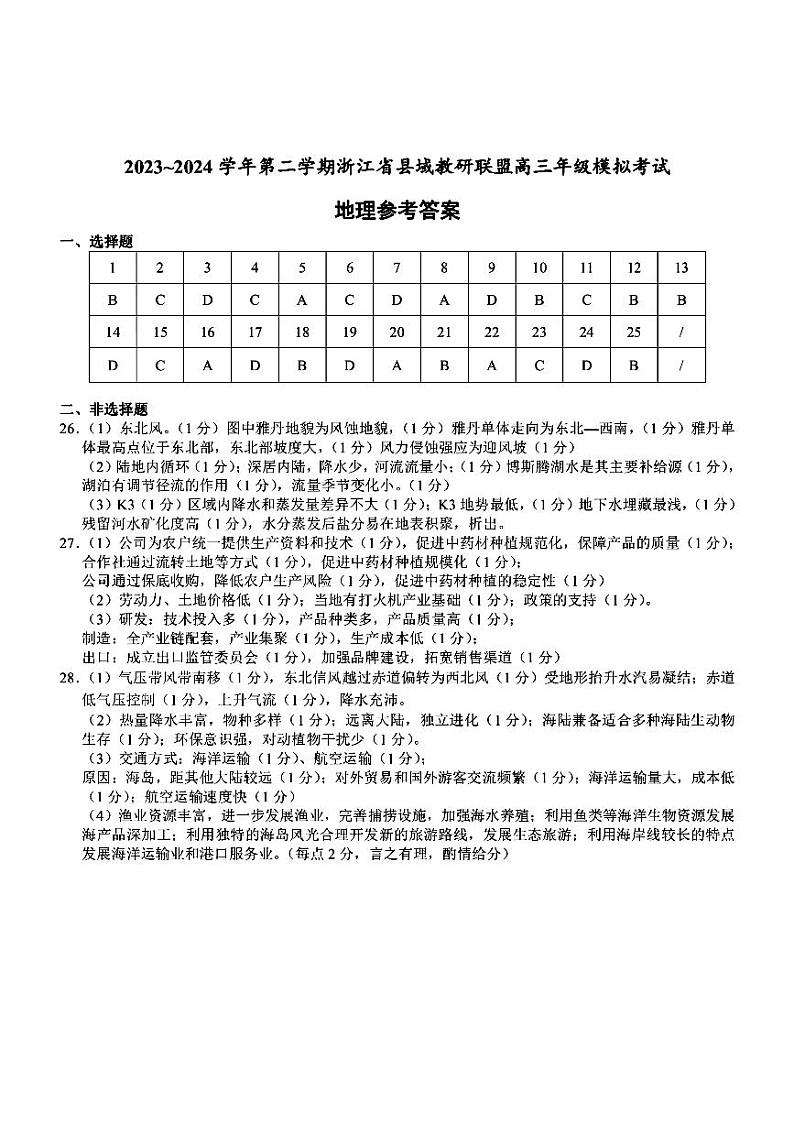 2024浙江省县域教研联盟高三下学期三模地理试题含答案01