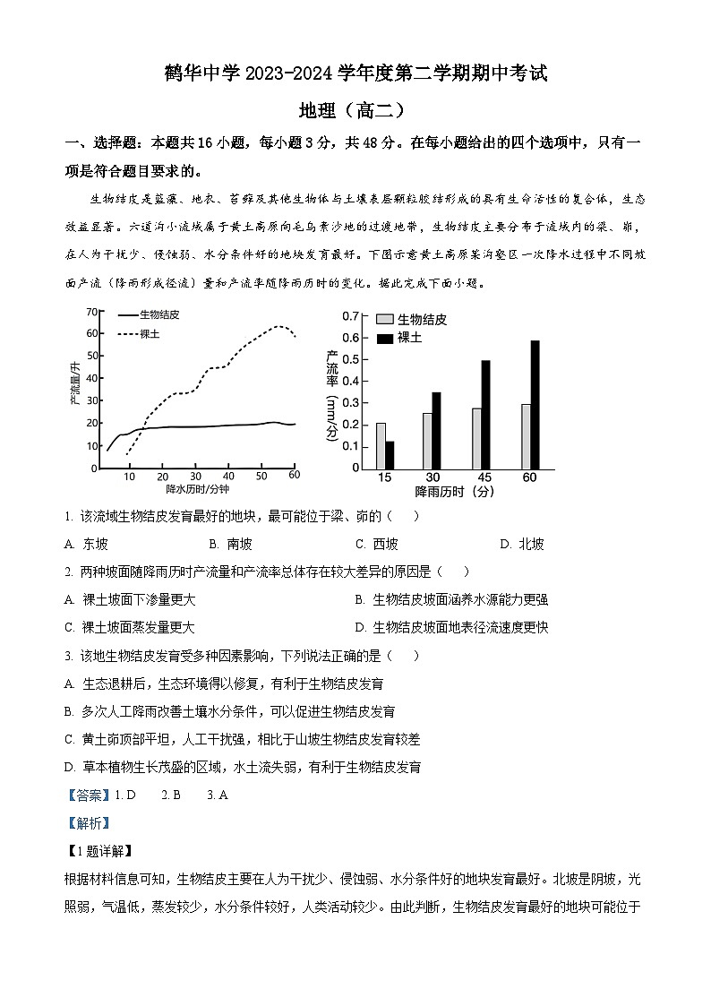 广东省鹤山市鹤华中学2023-2024学年高二下学期期中考试地理试题（原卷版+解析版）01