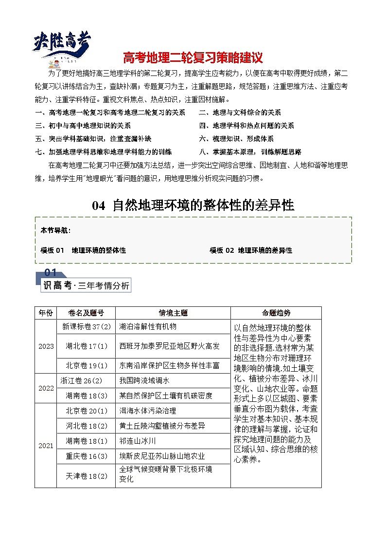 【答题技巧】题型04 自然地理环境的整体性与差异性（答题模版）-最新高考地理答题技巧与模板构建01