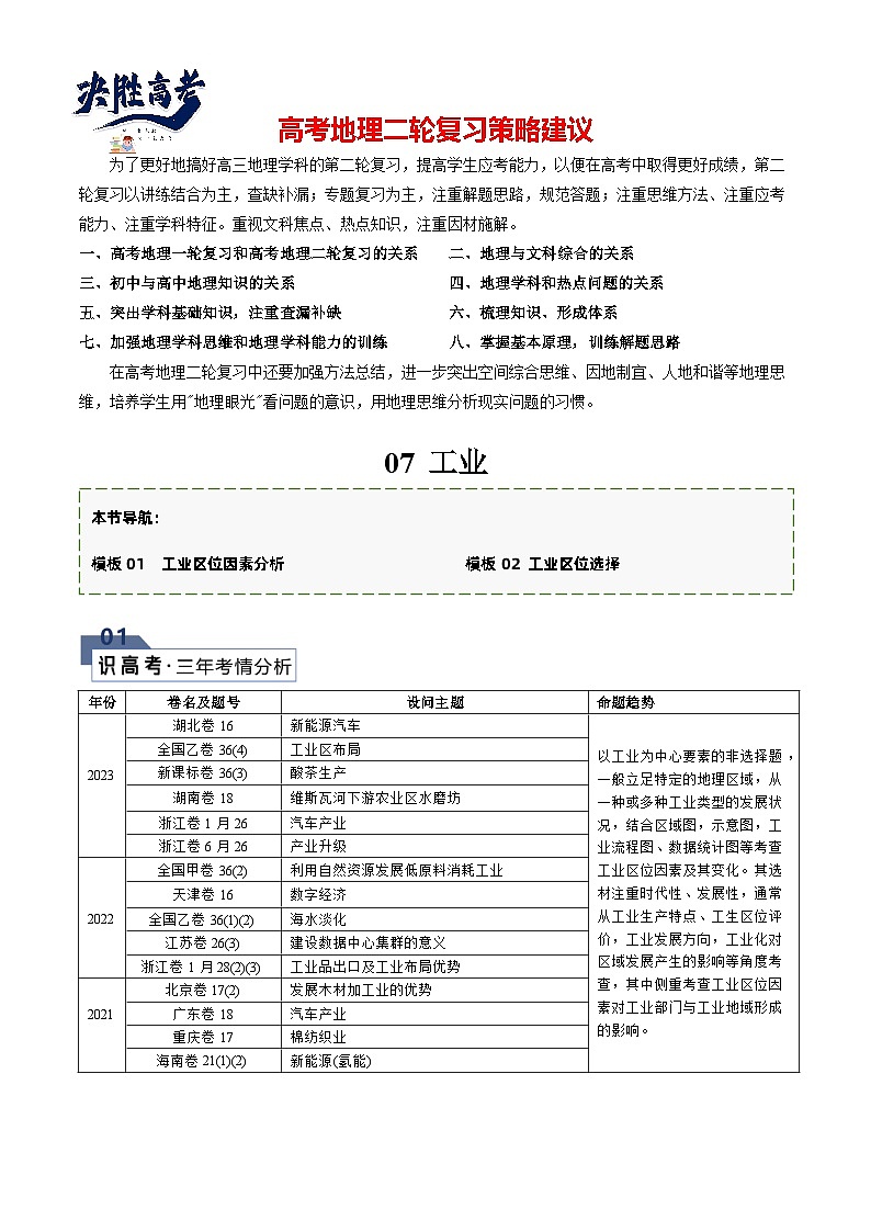 【答题技巧】题型07 工业（答题模版）-最新高考地理答题技巧与模板构建01