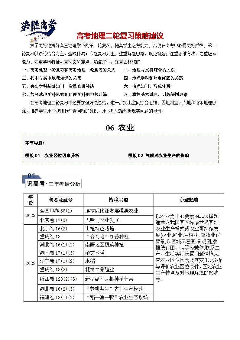 【答题技巧】题型06 农业（答题模版）-最新高考地理答题技巧与模板构建01