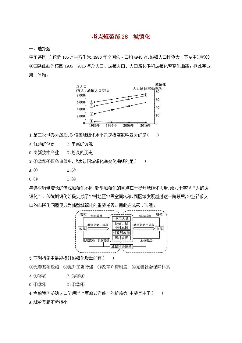 适用于新高考新教材新疆专版2024届高考地理一轮总复习考点规范练26城镇化01