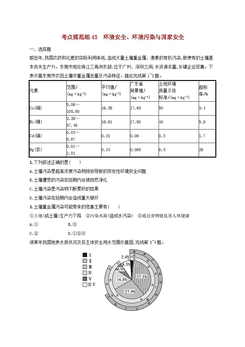 适用于新高考新教材新疆专版2024届高考地理一轮总复习考点规范练43环境安全环境污染与国家安全第1页