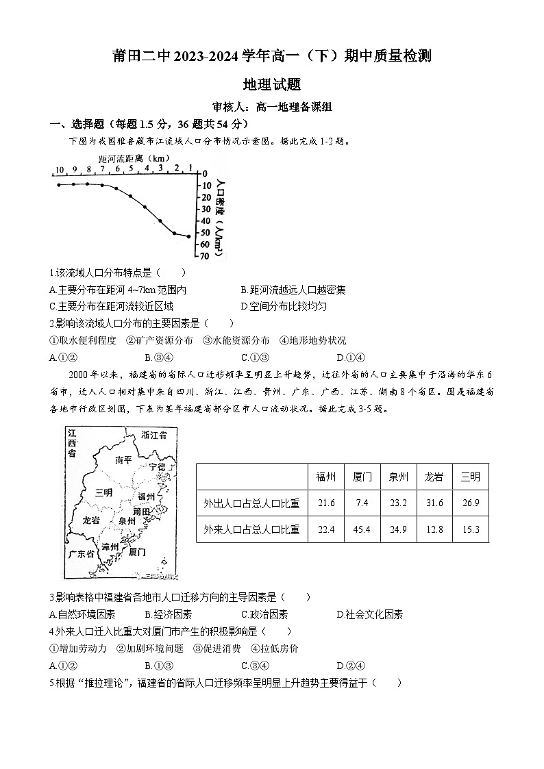 福建省莆田市第二中学2023-2024学年高一下学期期中考试地理试题(无答案)01