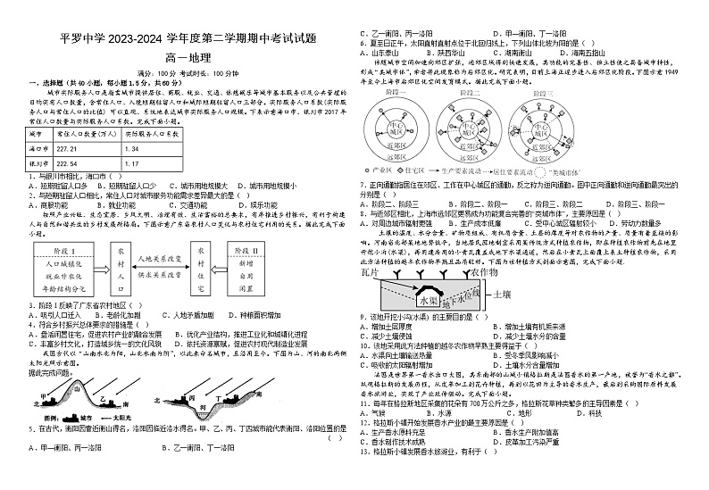 宁夏回族自治区石嘴山市平罗县平罗中学2023-2024学年高一下学期5月期中地理试题01