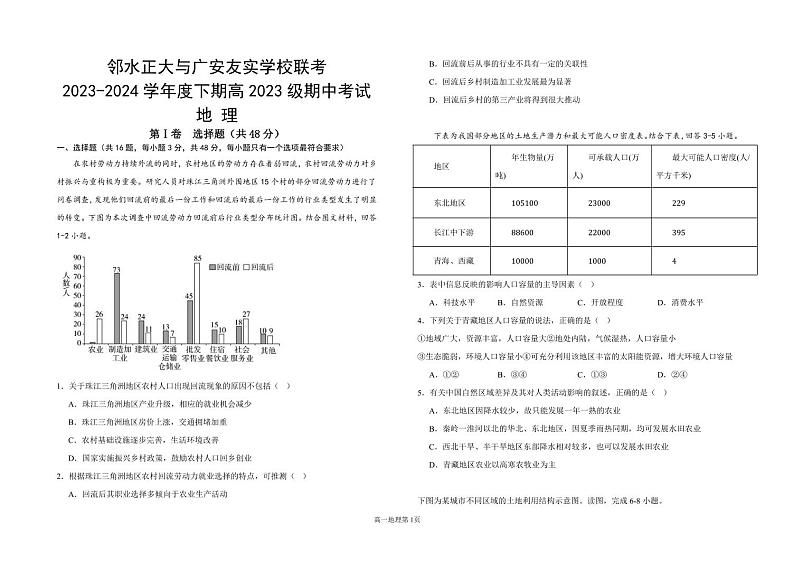 四川省广安友实学校、邻水正大实验学校2023-2024学年高一下学期期中联考地理试题第1页