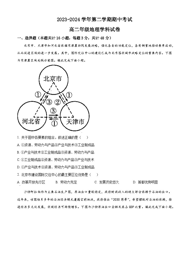 甘肃省兰州市教育局第四片区2023-2024学年高二下学期期中地理试卷（原卷版+解析版）01