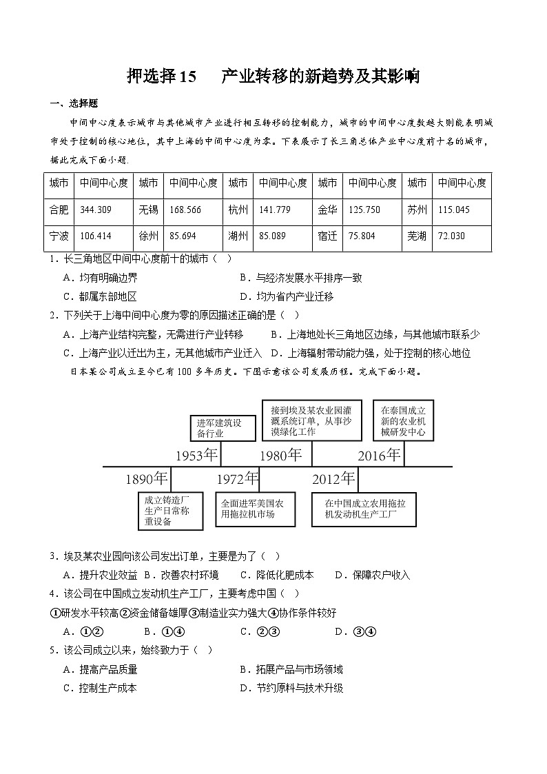 押选择15 产业转移的新趋势及其影响-2024年高考地理押题（原卷版）第1页