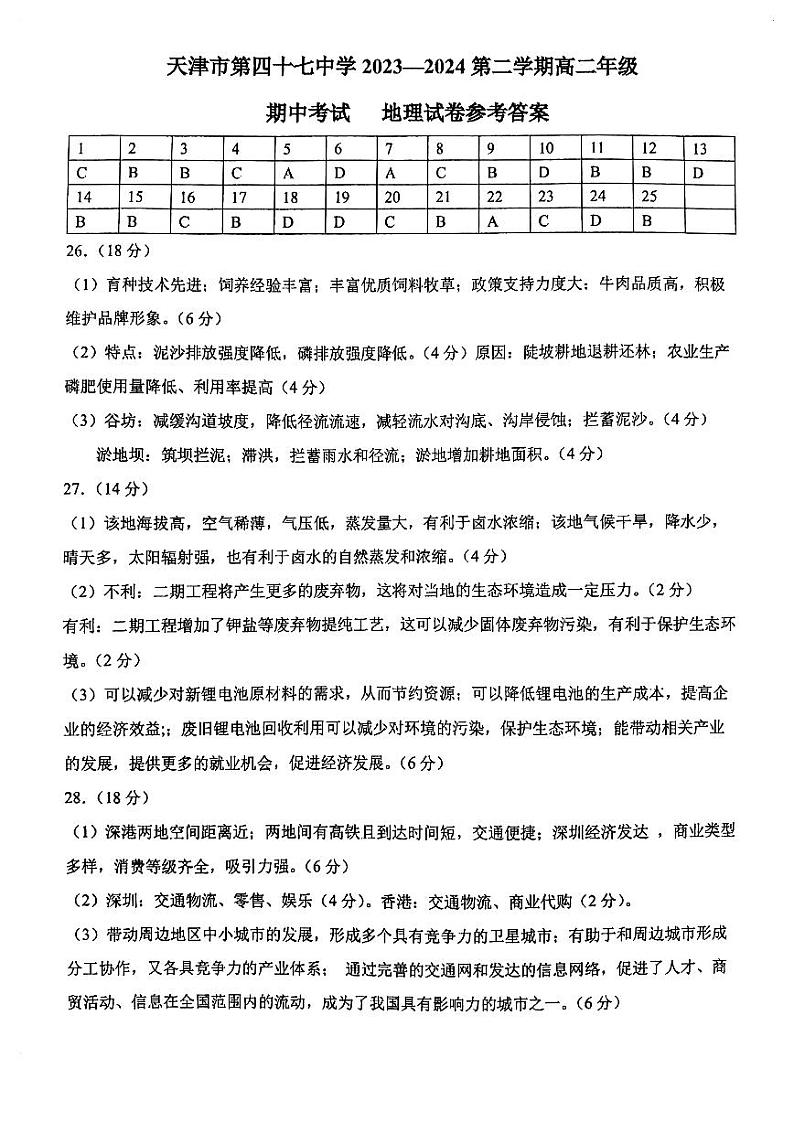天津市第四十七中学2023-2024学年高二下学期期中考试地理试卷（含答案）01