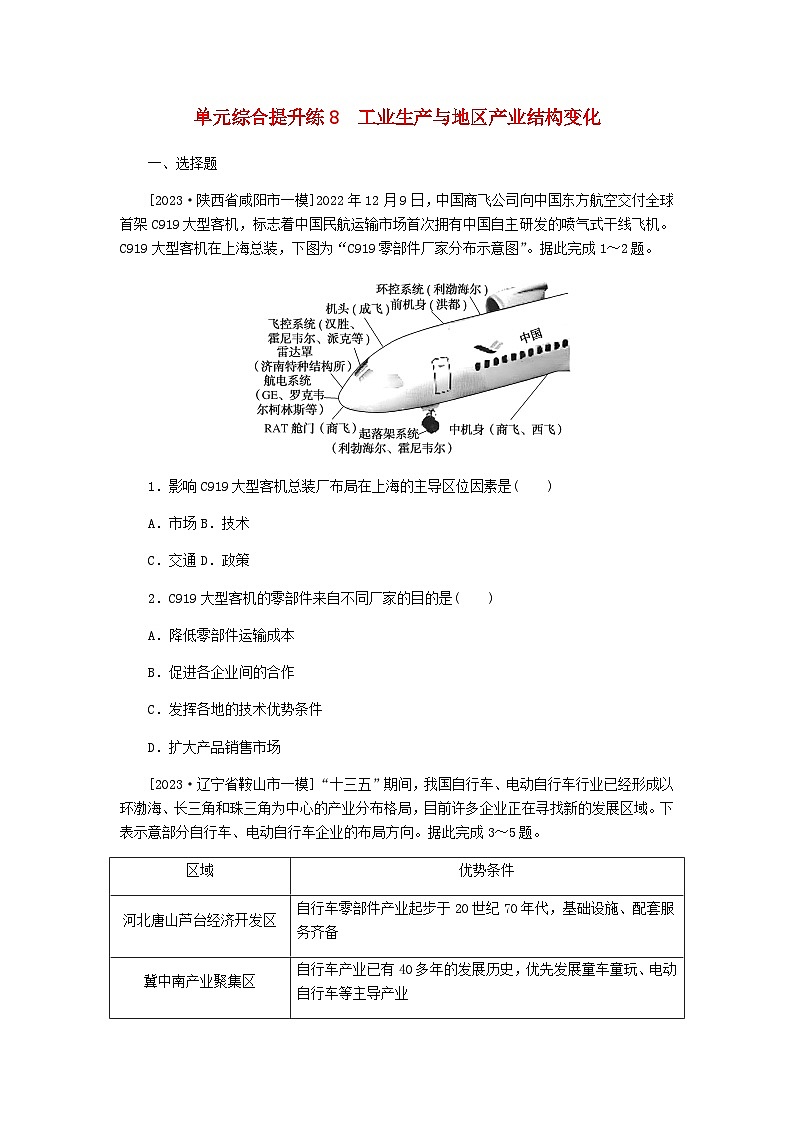 新教材2024高考地理二轮专题复习单元综合提升练8工业生产与地区产业结构变化含答案01