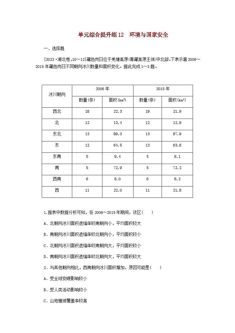 新教材2024高考地理二轮专题复习单元综合提升练12环境与国家安全含答案01