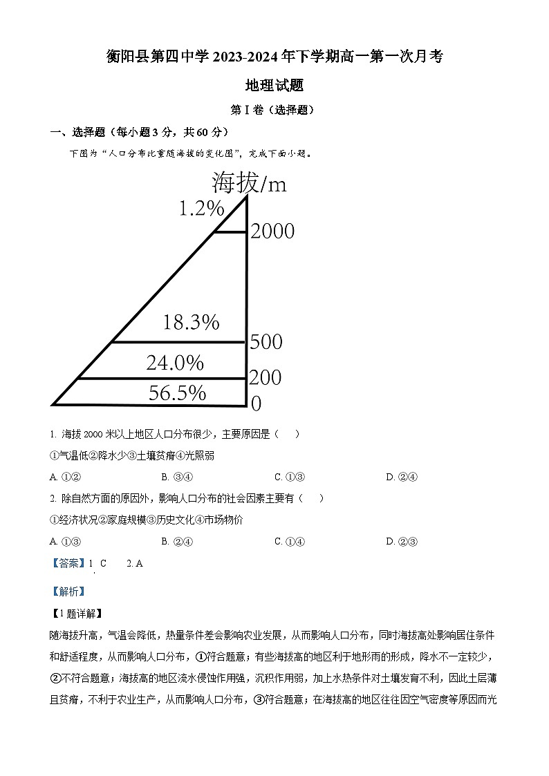 湖南省衡阳市衡阳县第四中学2023-2024学年高一下学期第一次月考地理试题01