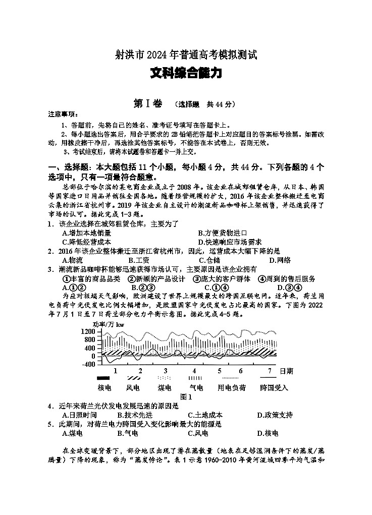 2024届四川省射洪市高三下学期5月高考模拟地理试题第1页