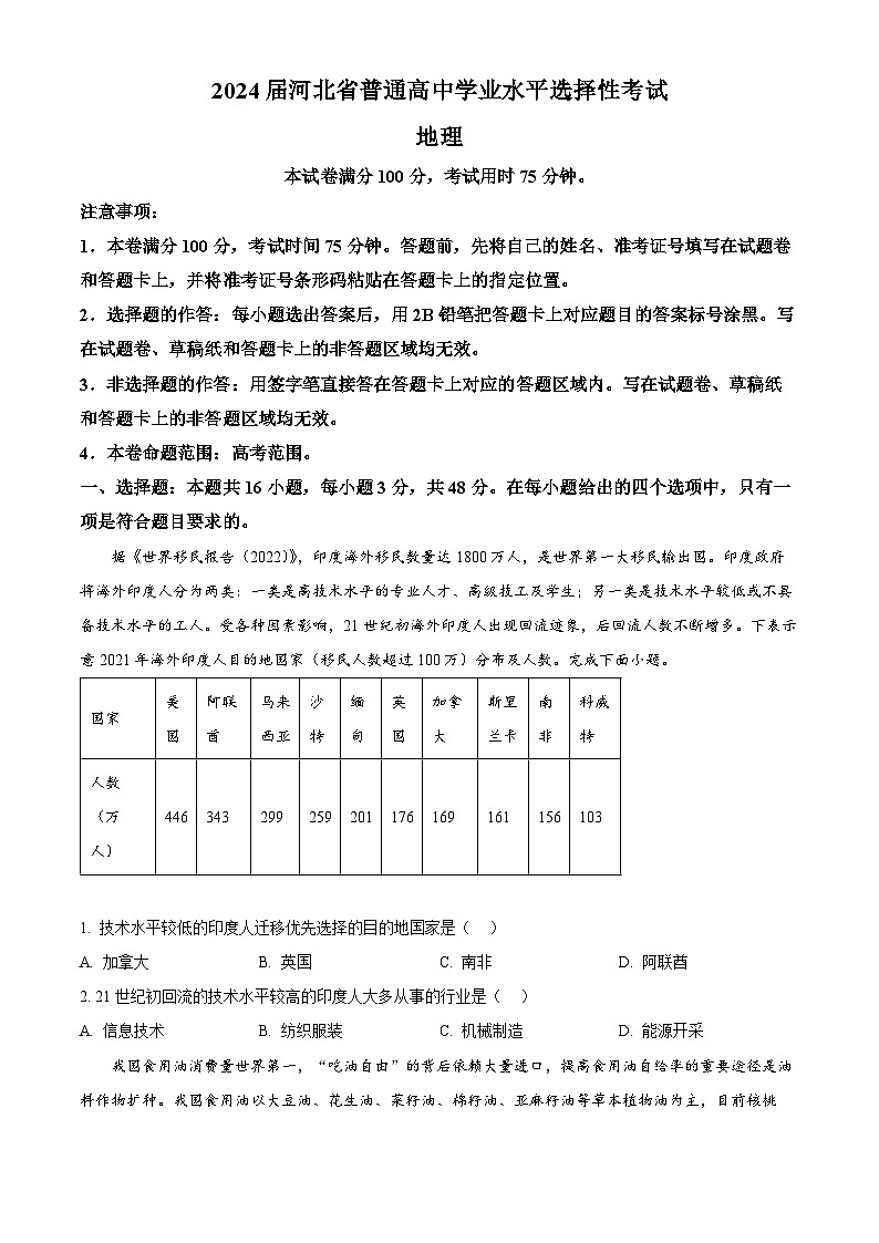 2024届河北省部分高中高考二模地理试题（原卷版+解析版）01