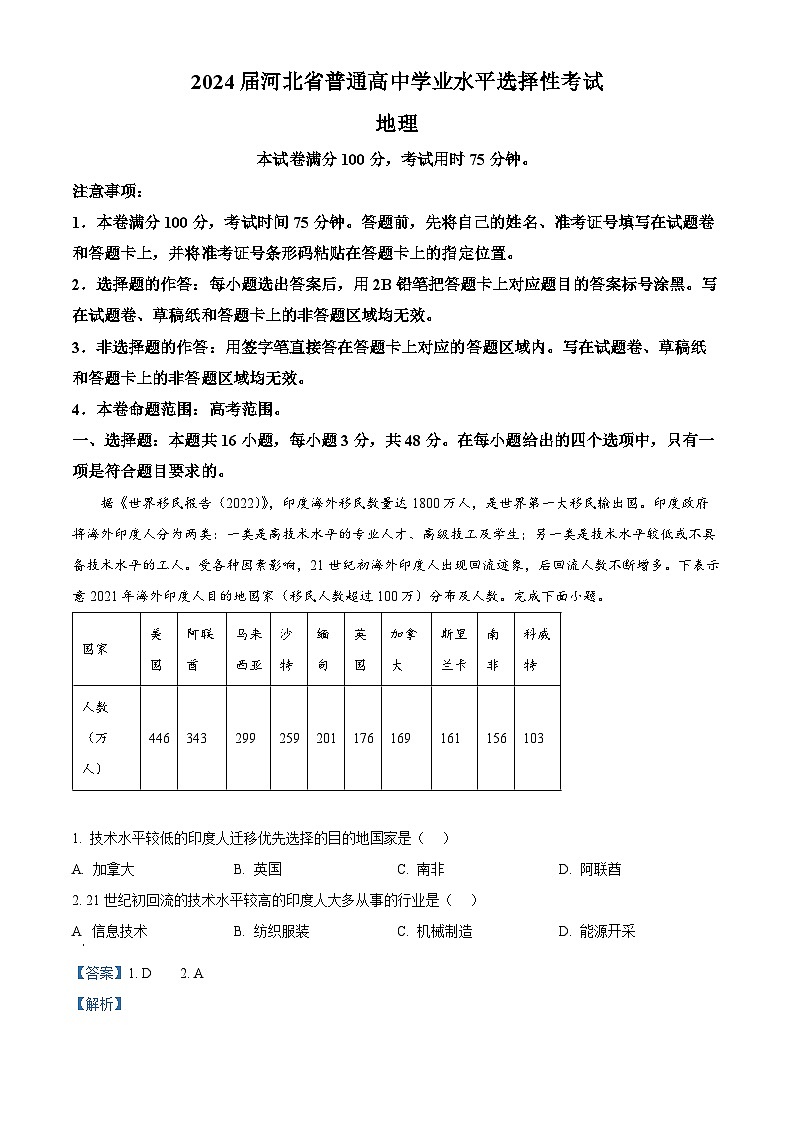 2024届河北省部分高中高考二模地理试题（原卷版+解析版）01