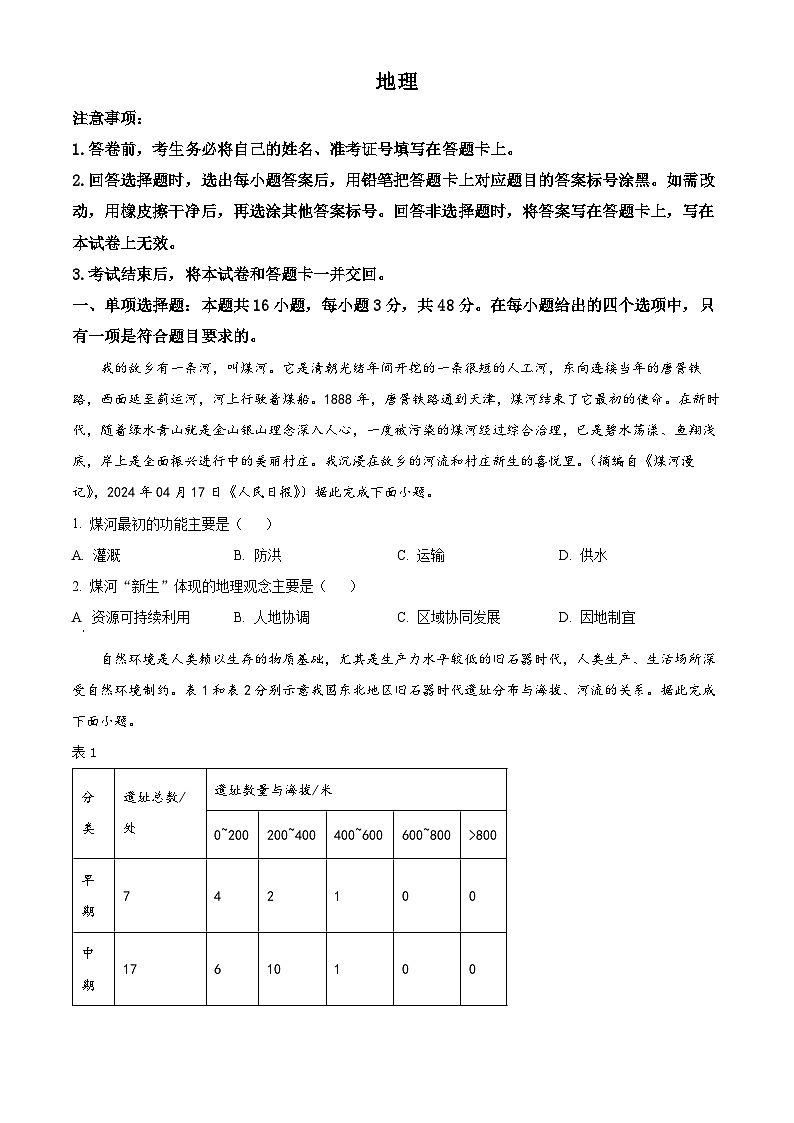 2024届河北省沧州市高考二模地理试题（原卷版+解析版）01