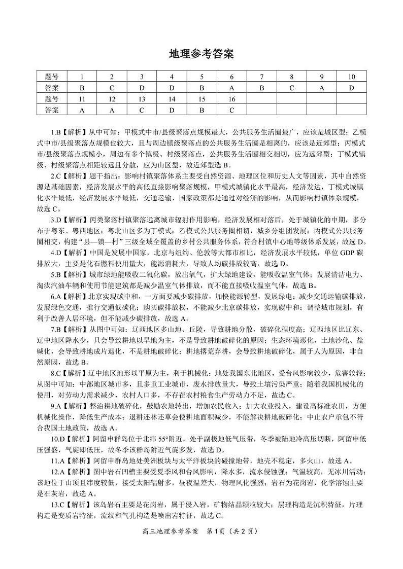 地理答案·2024年高考最后一卷第1页