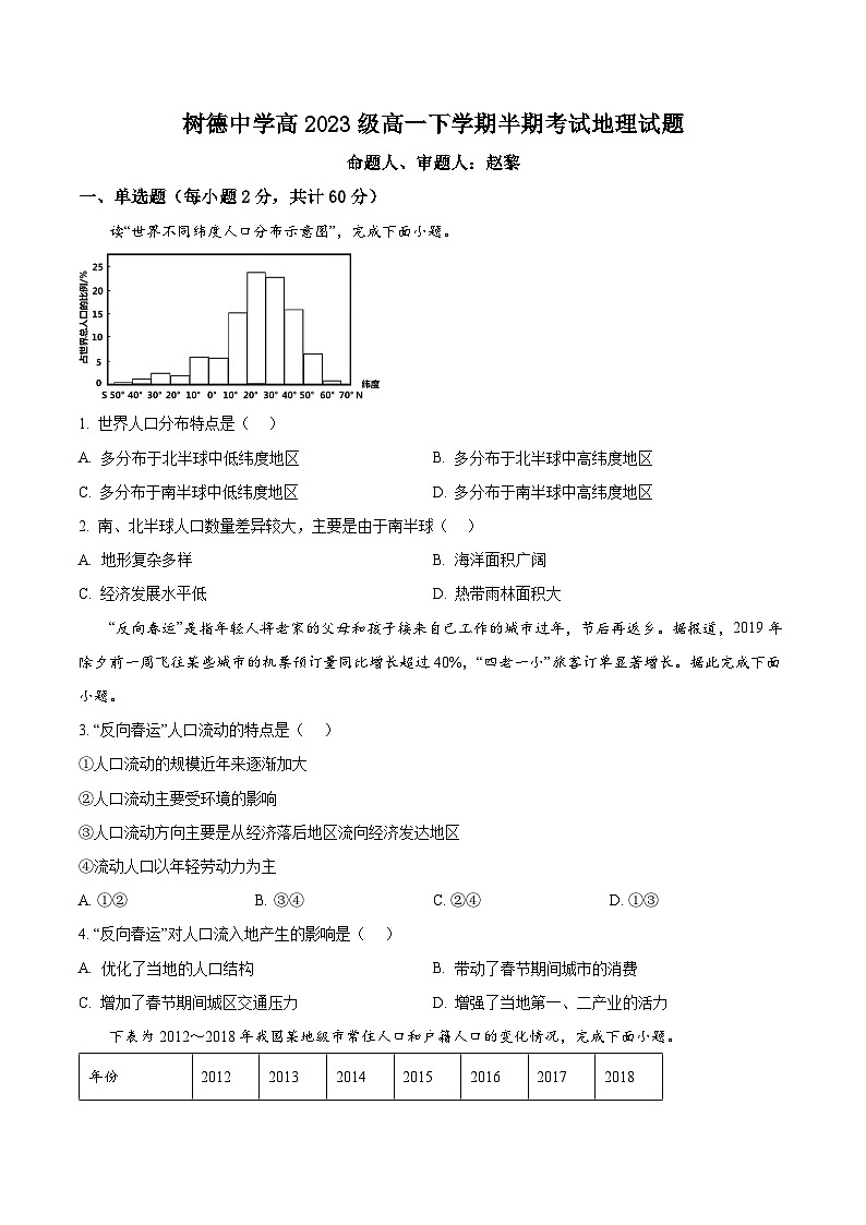 四川省成都市树德中学2023-2024学年高一下学期期中考试地理试题 （原卷版+解析版）01
