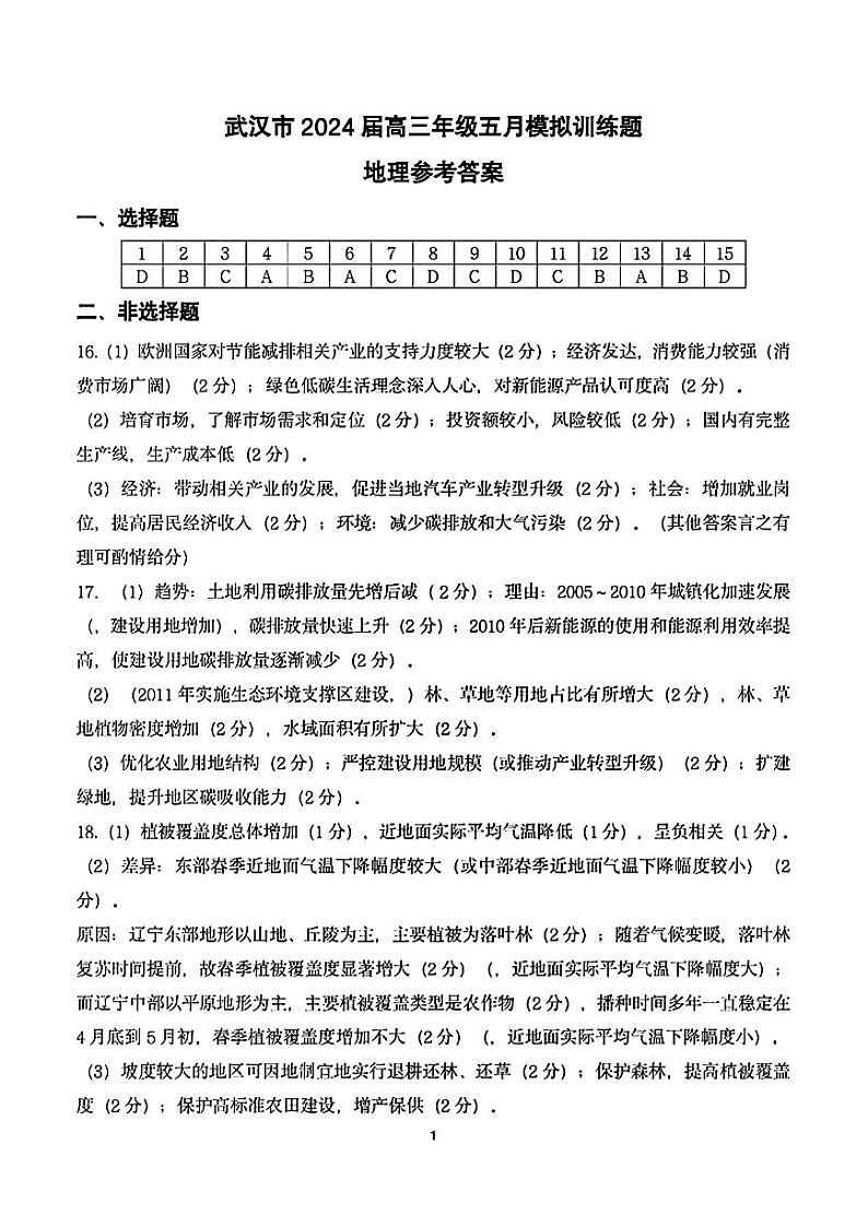 【湖北卷】湖北省武汉市2024届高三年级下学期五月模拟训练试题(武汉五调)(5.21-5.23)                  地理试卷答案第1页