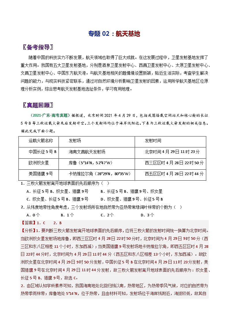 专题02航天基地-2024年高考地理三轮专题复习（全国通用）（解析版）第1页