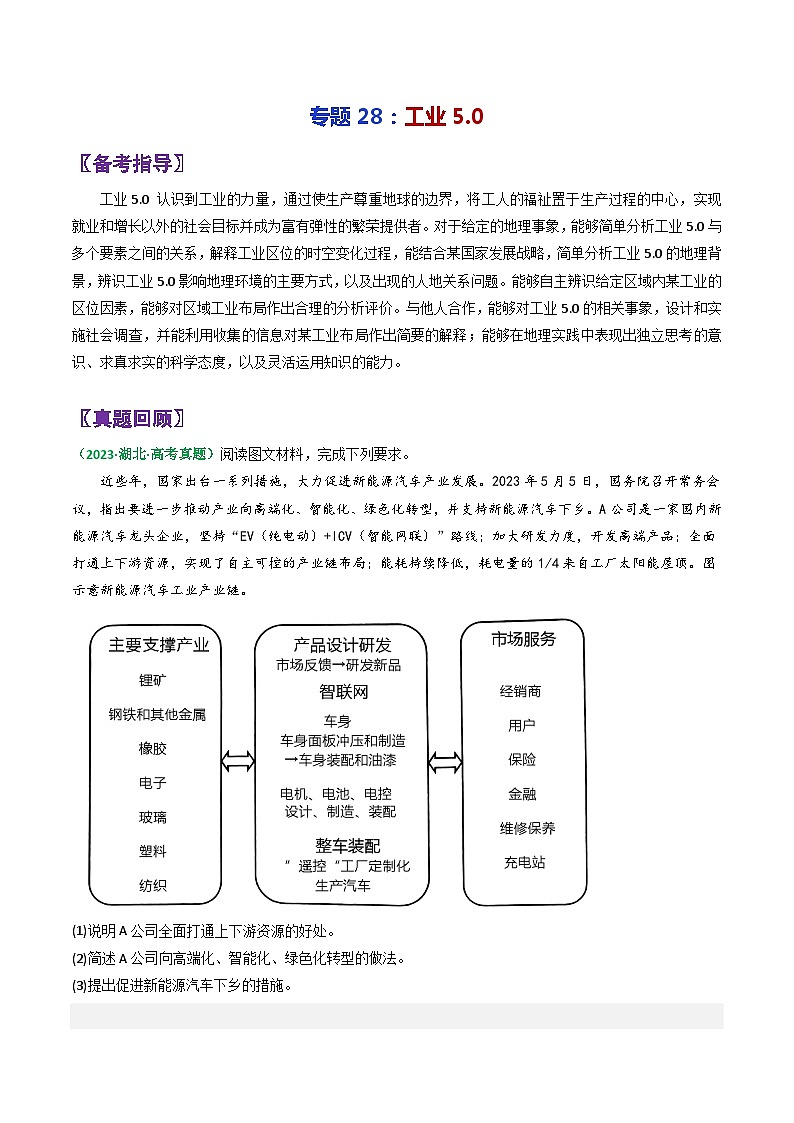专题28工业5.0-2024年高考地理三轮复习（全国通用）（原卷版）第1页