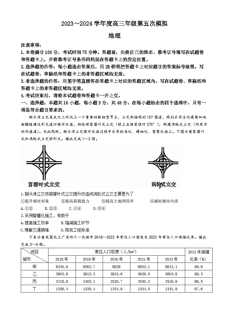 2024届黑龙江省部分学校高三第五次模拟地理试题第1页