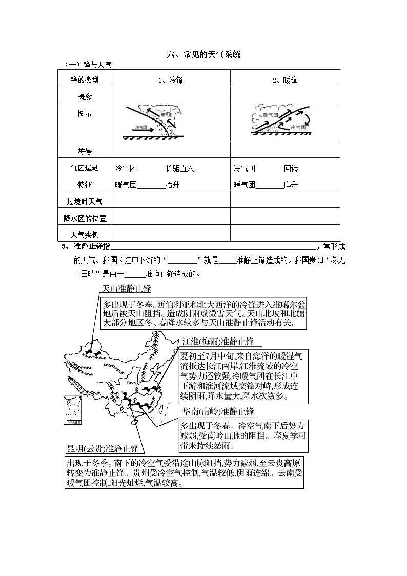 3.1常见天气系统学案 高中地理人教版（2019）选择性必修101