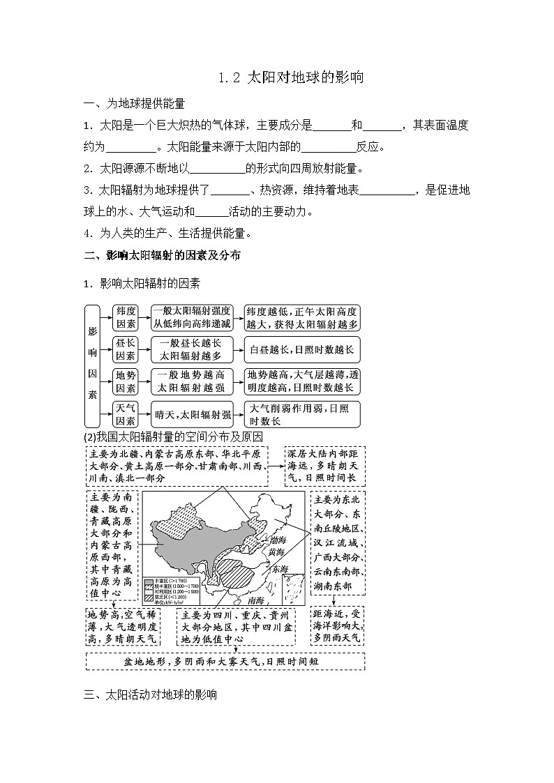 1.2 太阳对地球的影响 学案  高中地理人教版（2019）必修第一册01