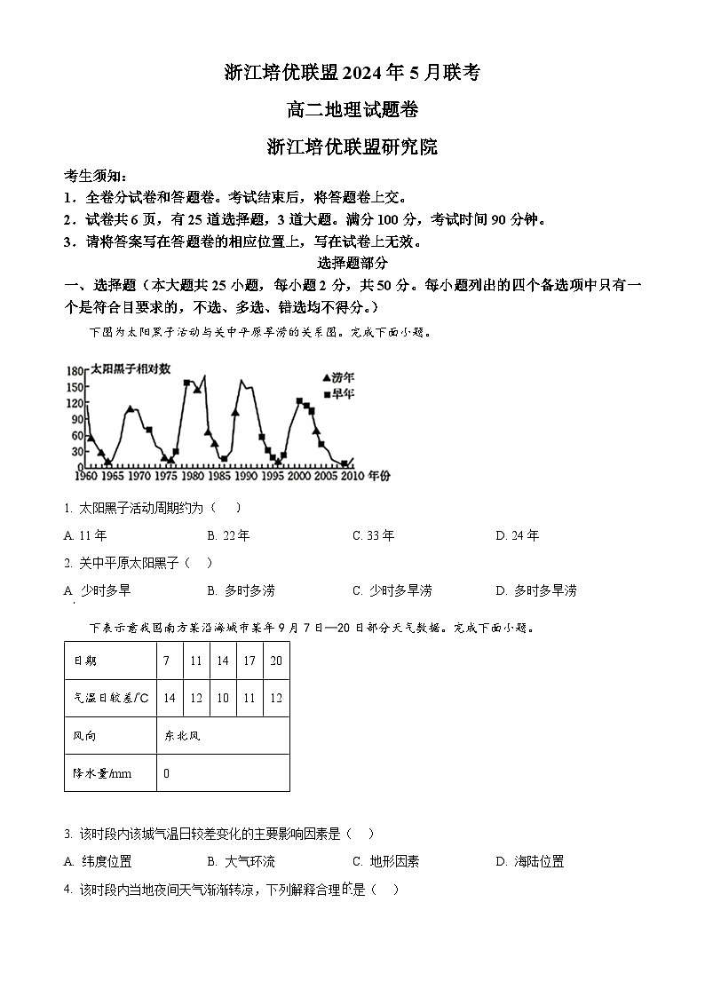 浙江省培优联盟2023-2024学年高二下学期5月期中联考地理试题（Word版附解析）01