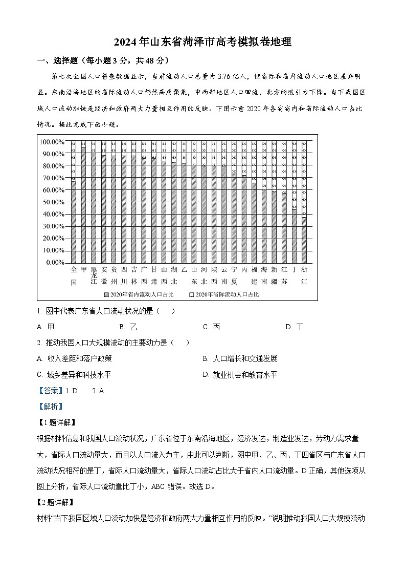 2024届山东省菏泽市高考模拟地理试题（原卷版+解析版）01