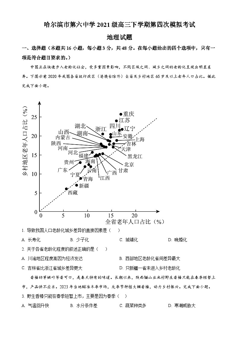 2024省哈尔滨六中高三下学期第四次模拟考试地理含解析第1页