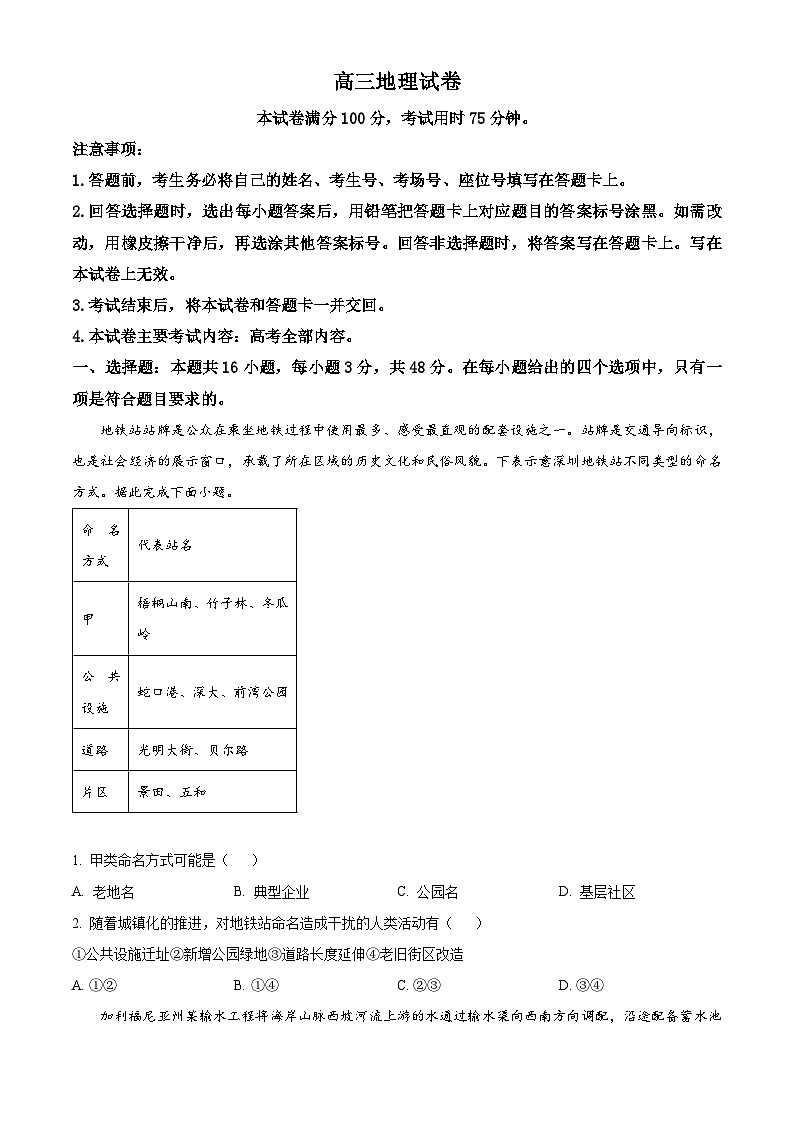 2024届江西省多市多校高三下学期模拟预测联考地理试题（原卷版+解析版）01