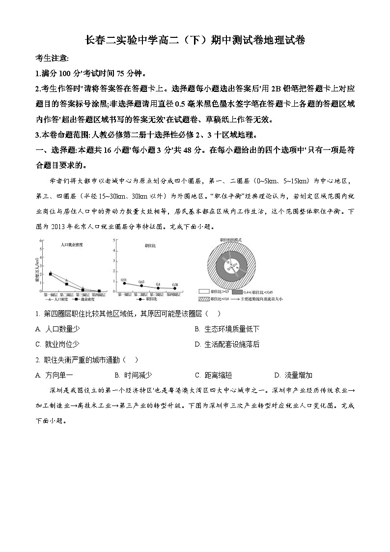 吉林省长春市第二实验中学2023--2024学年高二下学期期中地理试题（原卷版+解析版）01