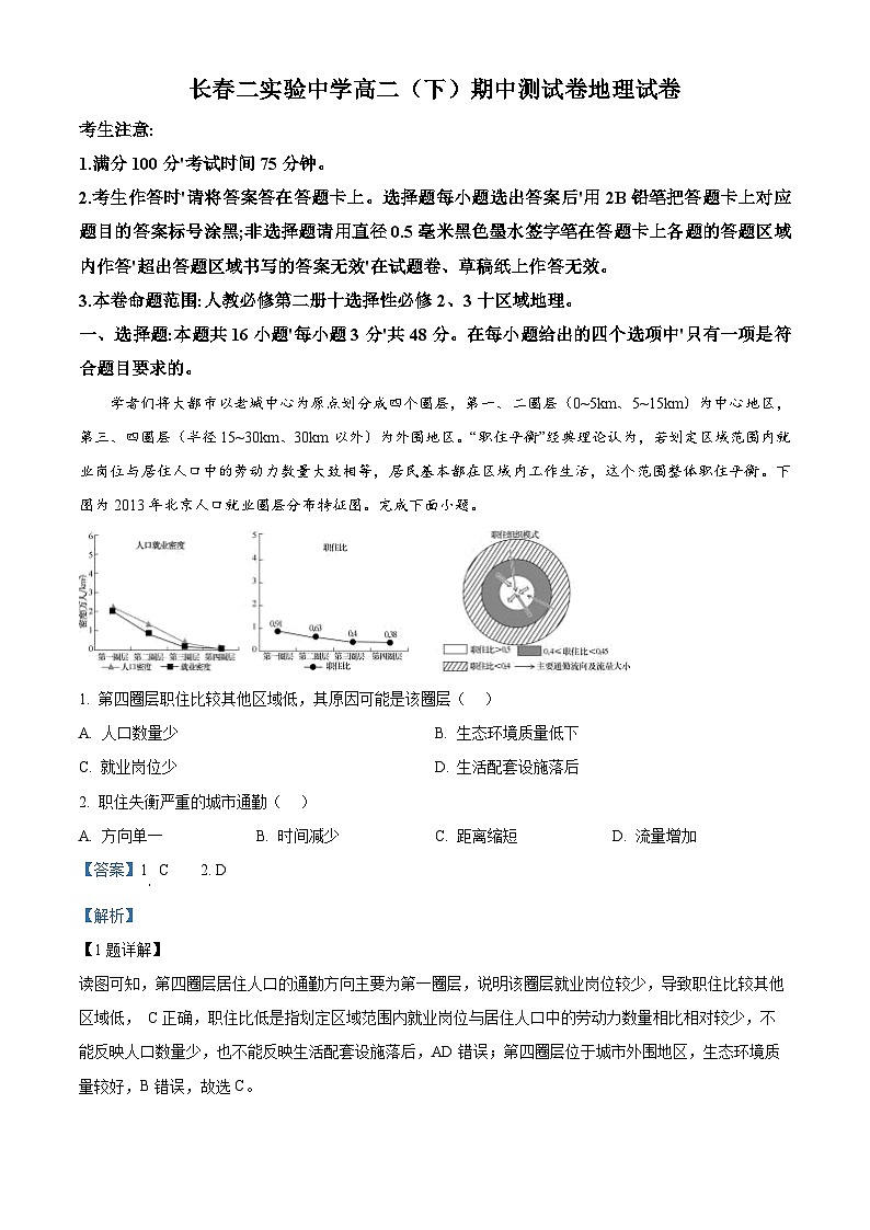 吉林省长春市第二实验中学2023--2024学年高二下学期期中地理试题（原卷版+解析版）01