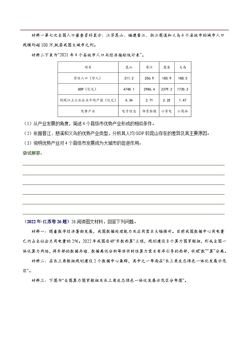 押江苏卷第25题 区域工业、服务业发展-【临考押题】备战2024年高考地理临考题号押题（江苏卷）02
