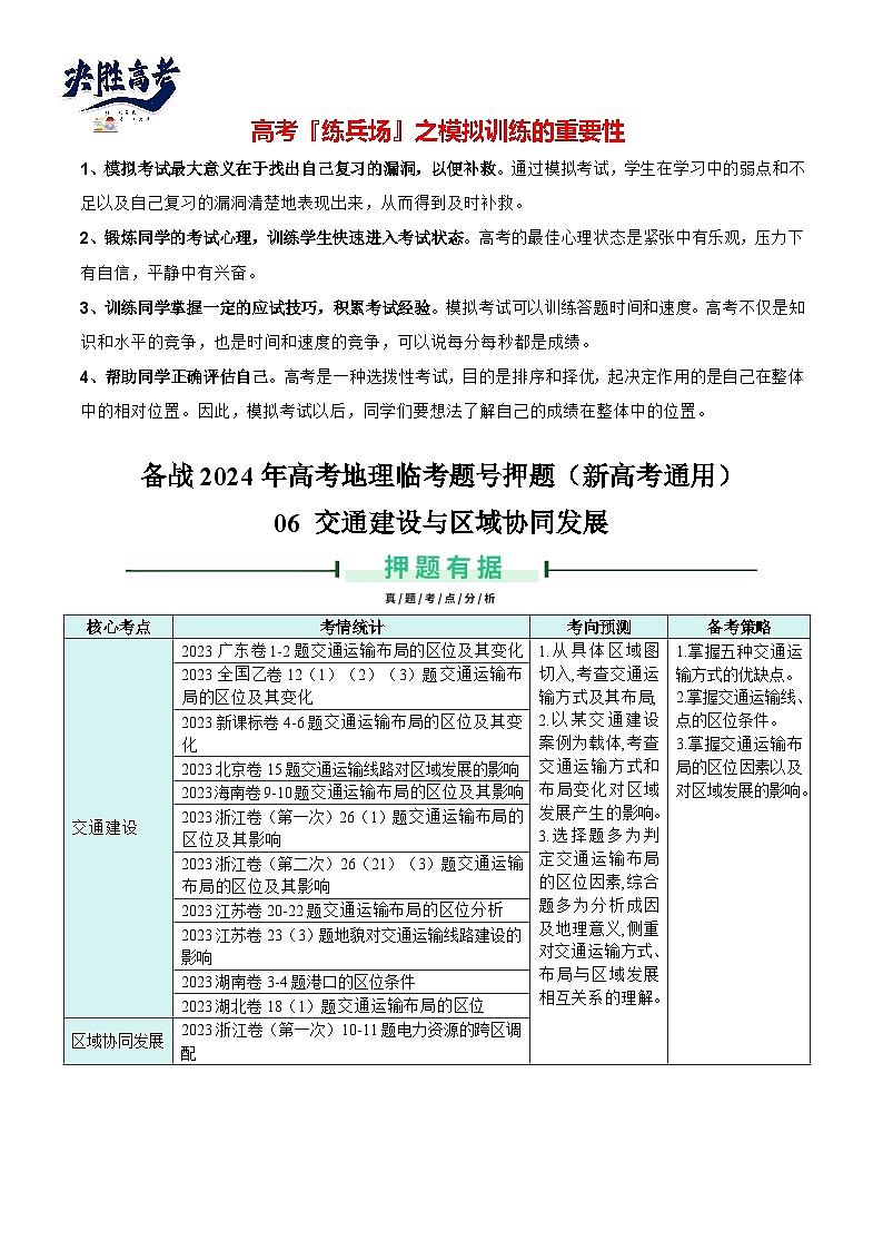 押新高考06 交通建设与区域协同发展-【临考押题】备战2024年高考地理临考题号押题（新高考通用）01