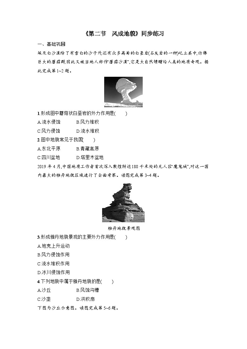 2.2 风成地貌同步练习  湘教版（2019）高中地理必修第一册01