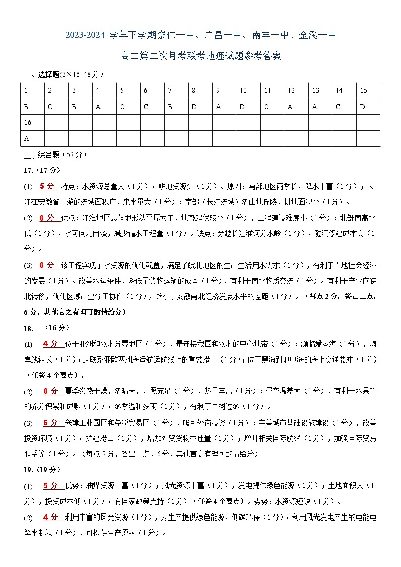 江西省抚州四校2023-2024学年高二下学期第二次月考地理试题（Word版附答案）01