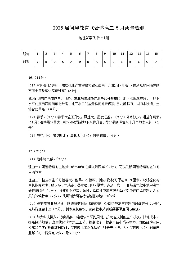 湖北省武汉市新洲区问津联合体2023-2024学年高二下学期5月月考地理试题答案第1页